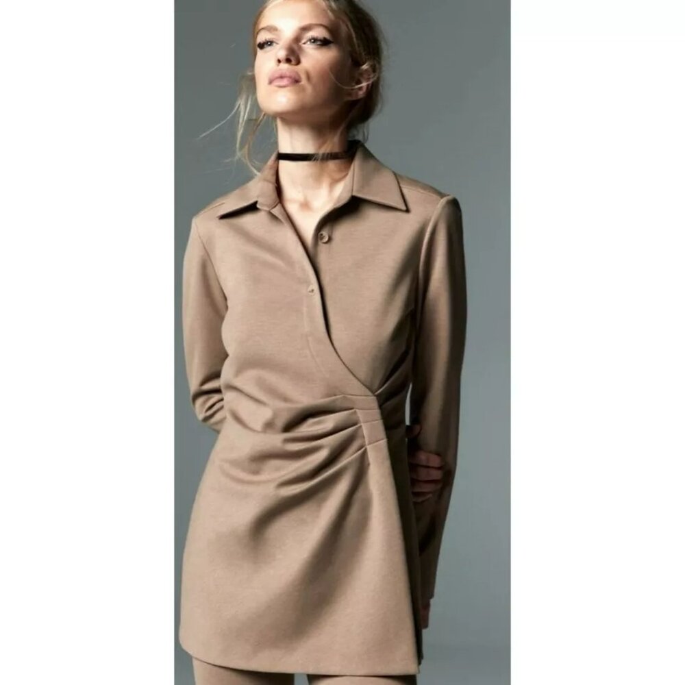 NWT Zara Blazer Dress Camel Tan Side Ruched Long Sleeves. Sz S